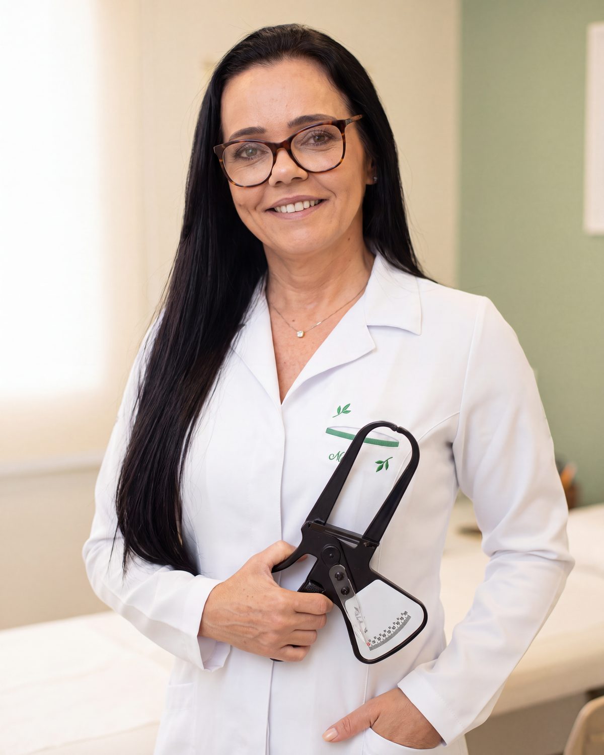 Nutricionista Ismeire Cortez de óculos segurando um adipômetro, usado na avaliação antropométrica